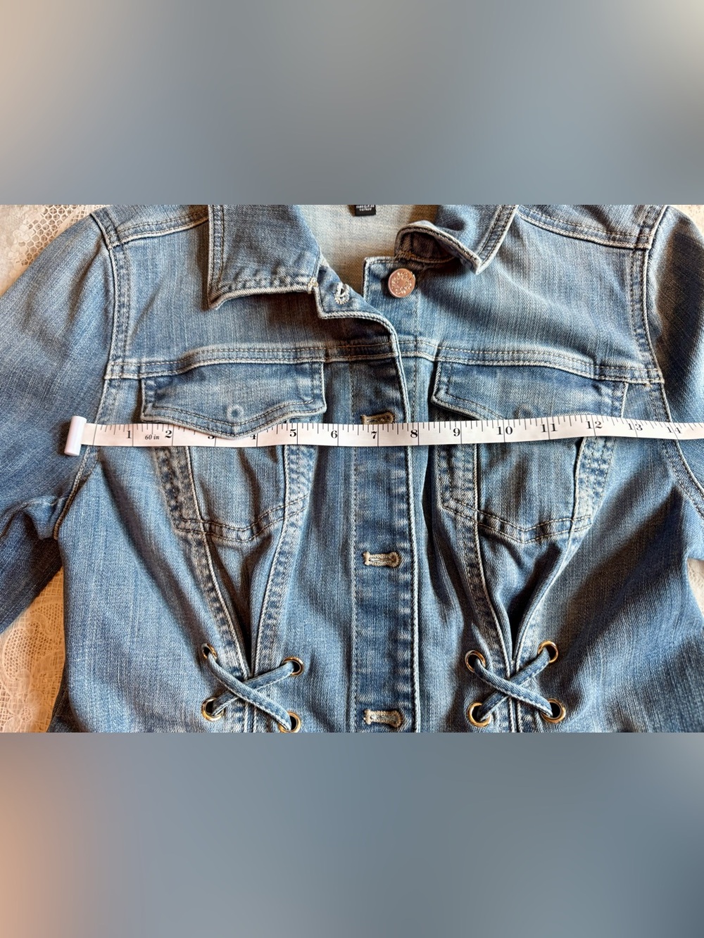 White House Black Market Light Blue Denim Jacket with Lace-Up Sides - Picture 3 of 11